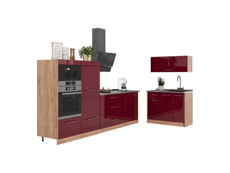 Vicco cuisine, rouge bordeaux haute brillancechêne de force doré, 380cm, pt chêne - Conforama E