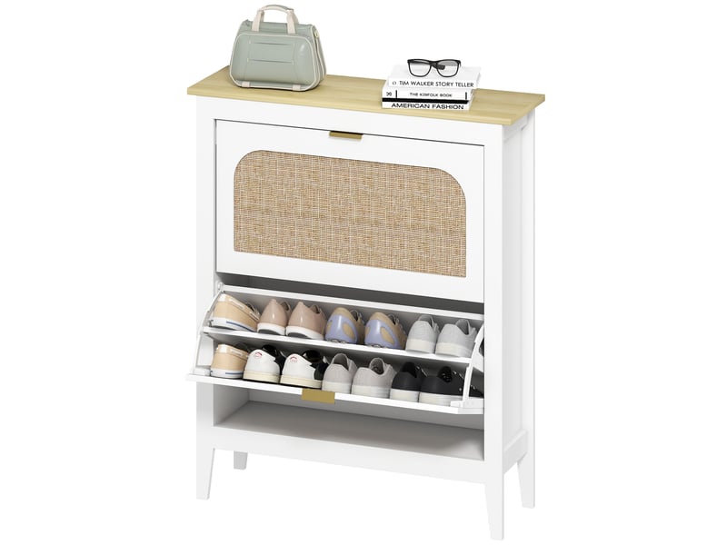  Meuble à chaussures 14 paires bohème avec 2 tiroirs rabattables, portes effet cannage rotin, blanc, 80 x 24 x 95,5 cm  - Conforama B