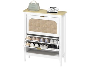 Meuble à chaussures 14 paires bohème avec 2 tiroirs rabattables, portes effet cannage rotin, blanc, 80 x 24 x 95,5 cm