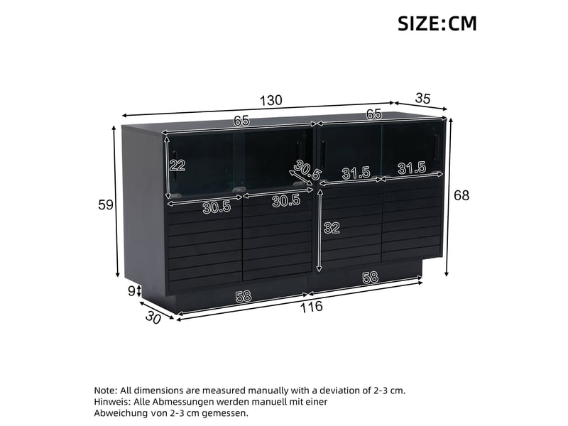  Buffet noir 130x35x68 cm avec 4 portes vitres coulissantes et éclairage led intégré panneau de particules  - Conforama C
