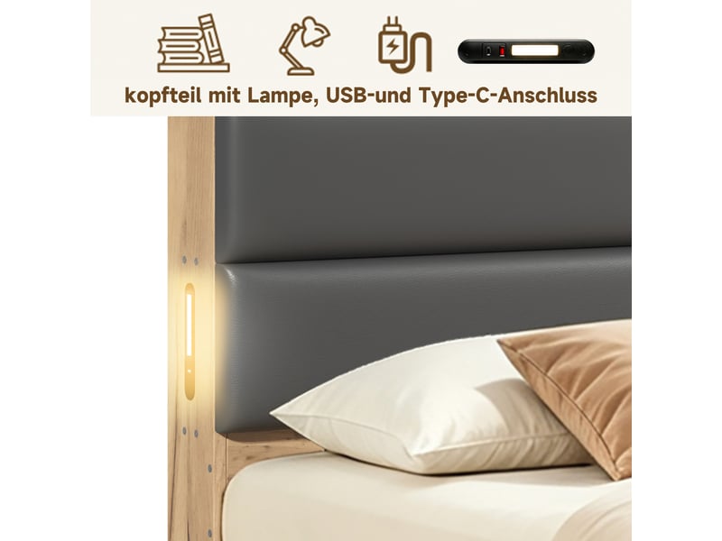 Lit enfant ado 90x200 cm en bois naturel avec port usb, tiroirs, grand espace de rangement et tête de lit rembourrée en pu Morn Vibe - Conforama E