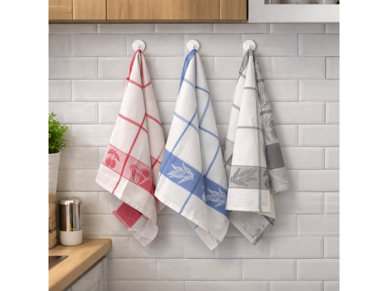  Lot de 6 torchons à carreaux motif cerises bleu, rouge et gris 100% coton jacquard 50x70cm  - Conforama B