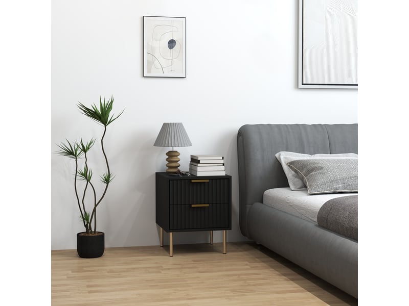  Table de chevet, table de nuit cannelée avec 2 tiroirs et pieds en acier, pour chambre à coucher, salon, noir  - Conforama D
