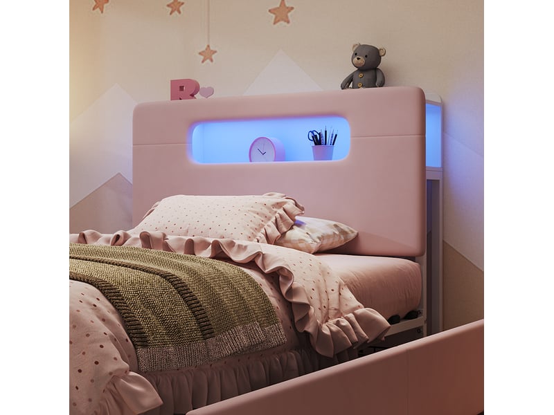 Lit enfant 90x200 cm, 4 tiroirs, tête de lit led pilotée par application, velours, rose sans matelas - Conforama E