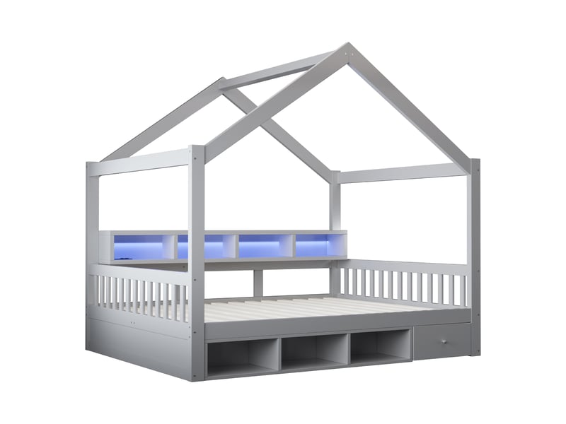  Lit cabane 140 x 200 cm avec led et prises, lit double en bois gris avec étagères et tiroirs de rangement, garde-corps et sommier à lattes  - Conforama E