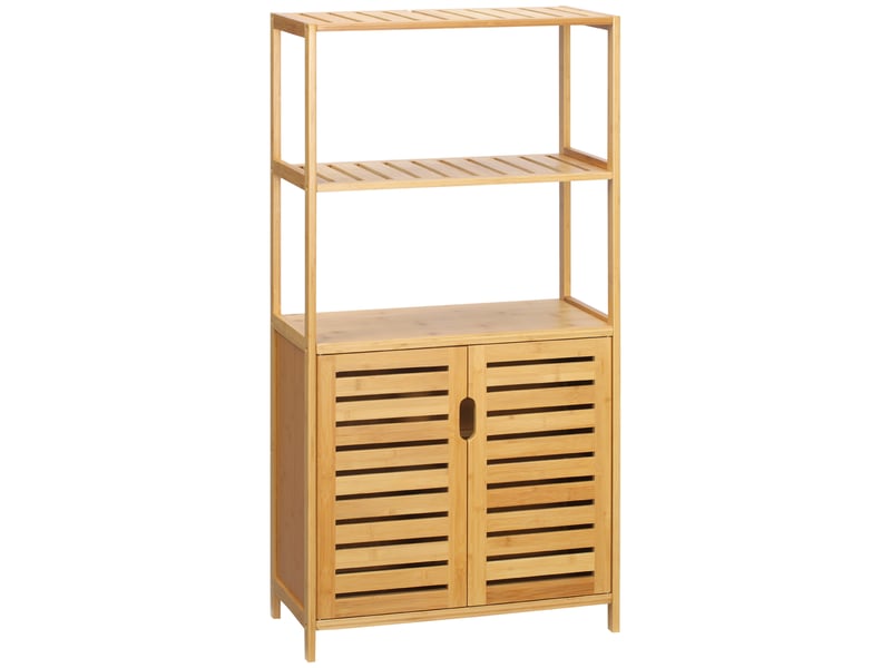  Meuble de salle de bain avec 2 étagères ouvertes et un placard en bambou à 2 portes, 60 x 30 x 120 cm  - Conforama A