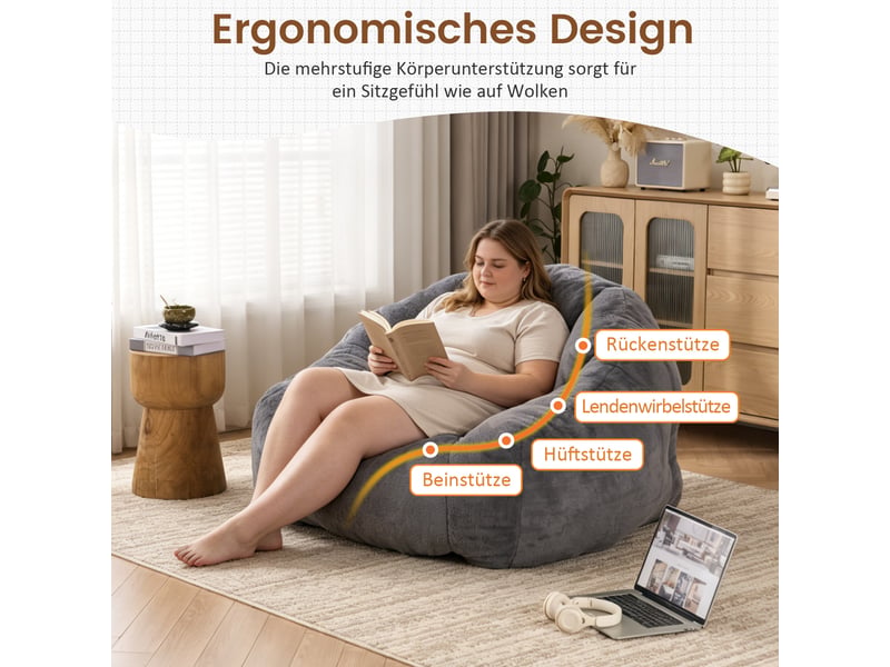 Fauteuil pouf adulte 111x123x75 cm en fausse fourrure, mousse haute densité, compressé sous vide, sans montage, siège lounge gris clair - Conforama D