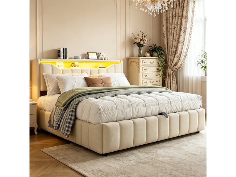  Lit coffre rembourré 180x200 cm, rangement hydraulique, tête de lit avec rangement, led, usb et usb-c, lin, métal et mdf, beige OMNIGLINT TRADING LTD - Conforama E