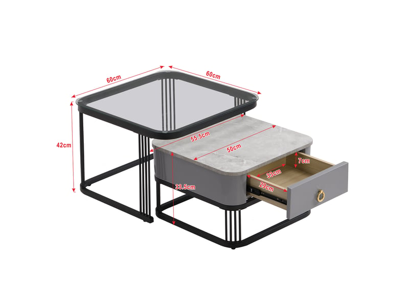  Tables basses gigognes 2 pièces en mdf – plateau verre et aspect marbre – noir et gris – 60 x 60 cm  - Conforama D