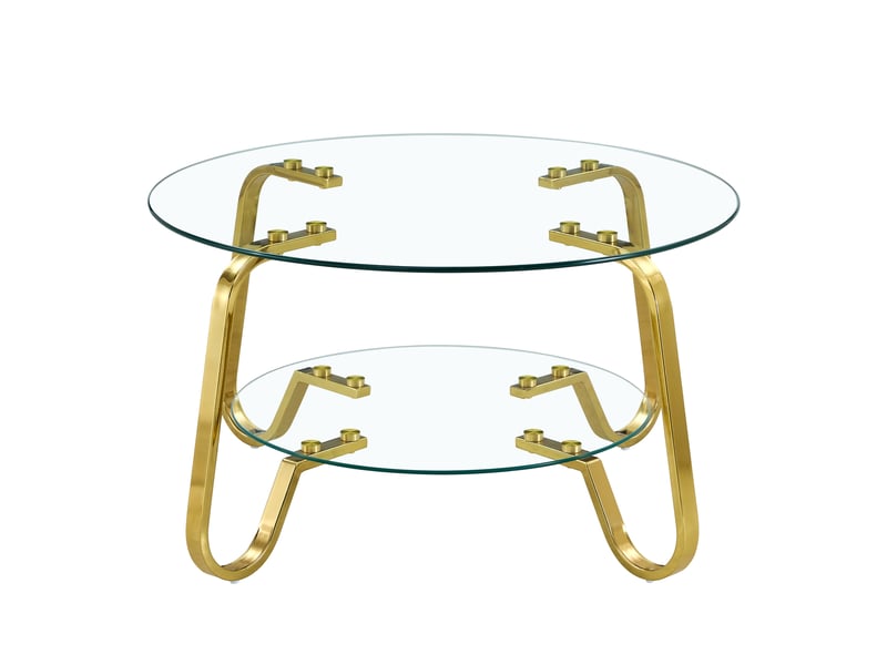  Table basse 2 niveaux pour salon, structure stable, métal doré et plateaux en verre, style moderne  - Conforama E