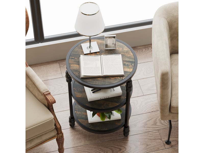  Table d'appoint ronde 3 niveaux, 3 étagères rangement, style industriel bois métal, cadre acier, salon chambre petits espaces PHO_0Y1MICU6 - Conforama B