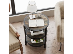 Table d'appoint ronde 3 niveaux, 3 étagères rangement, style industriel bois métal, cadre acier, salon chambre petits espaces
