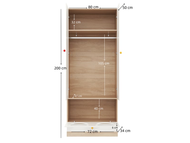 Armoire enfant 2 portes avec tringle, étagères et tiroirs, pour chambre, en mdf blanc et naturel, 80 × 50 × 200 cm  - Conforama D