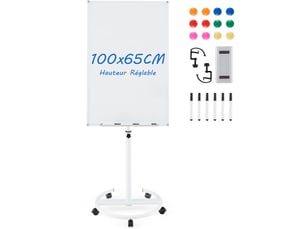 Tableau blanc mobile 100 x 65 cm hauteur réglable avec roues flexibles design moderne en plastique blanc 20_0014139