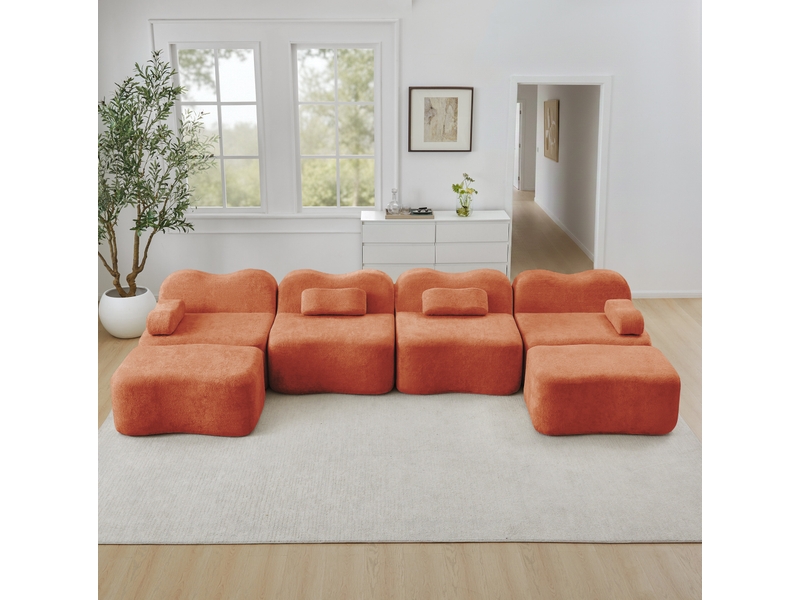 Canapé modulable en u 4 places en velours orange avec 2 ottomans, mousse 32d et forme ondulée pour le salon - Conforama E