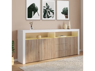 Buffet 180 cm elight xxl 3 portes et 3 tiroirs avec led et niches blanc et bois façon hêtre