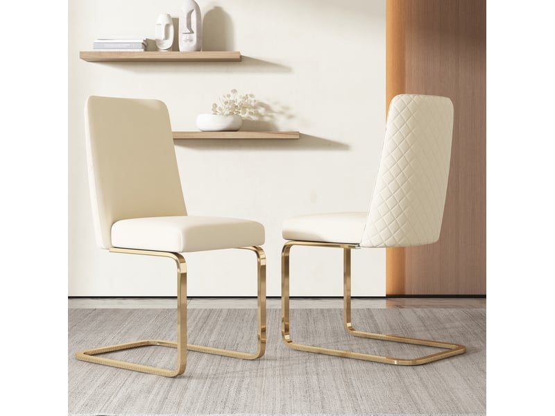  Lot de 4 chaises de salle à manger à dossier losangé, velours beige, pieds métalliques dorés, style élégant  - Conforama E