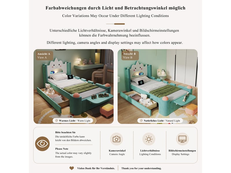  Lit enfant simple 90×200 cm avec tiroir, lampe led, usb et tablette rabattable - okmyhome- bleu-vert, sans matelas  - Conforama E