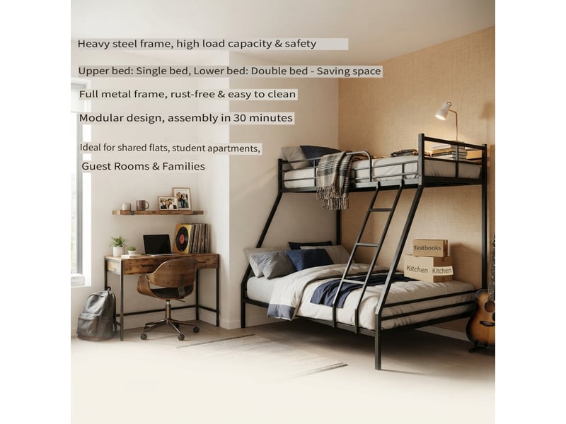  Lit superposé en métal gain de place avec 2 couchages, compatible matelas 190 x 80 cm et 190 x 130 cm, noir  - Conforama C