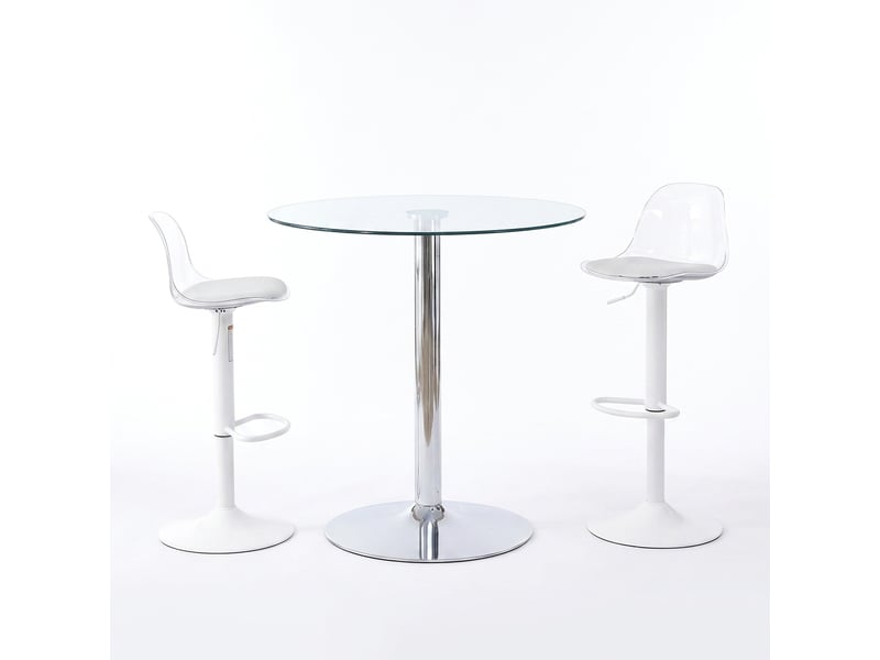  Ensemble table haute et 2 tabourets, table de bar ronde en verre de 89 cm, sièges transparents réglables et pivotants, pieds blancs  - Conforama A