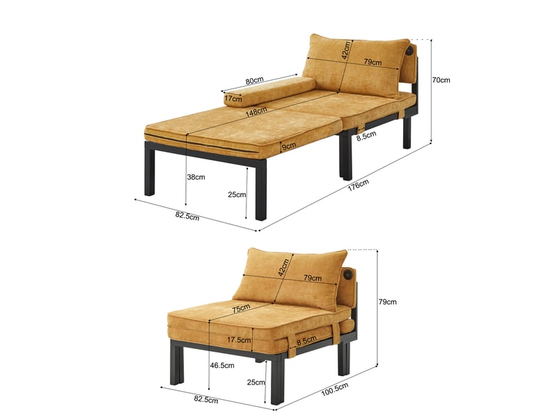  Fauteuil convertible extensible 1 place avec couchage, coussin et ports usb type-c en velours jaune  - Conforama C
