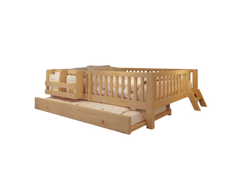  Lit plateforme en bois 140x200 avec barrière de sécurité et méridienne, couleur bois  - Conforama A