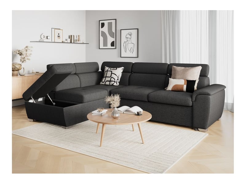 Canapé d'angle convertible paola 4 places avec coffre en tissu - gris foncé - angle gauche PAOLA - Conforama C