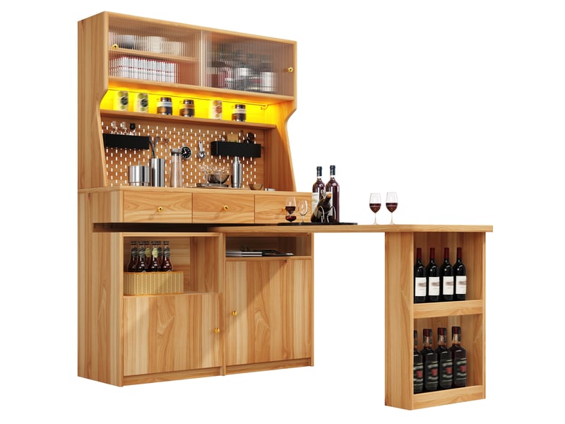  Haut meuble avec bureau et table de bar 137x74x177.7 cm led mdf verre naturel  - Conforama B