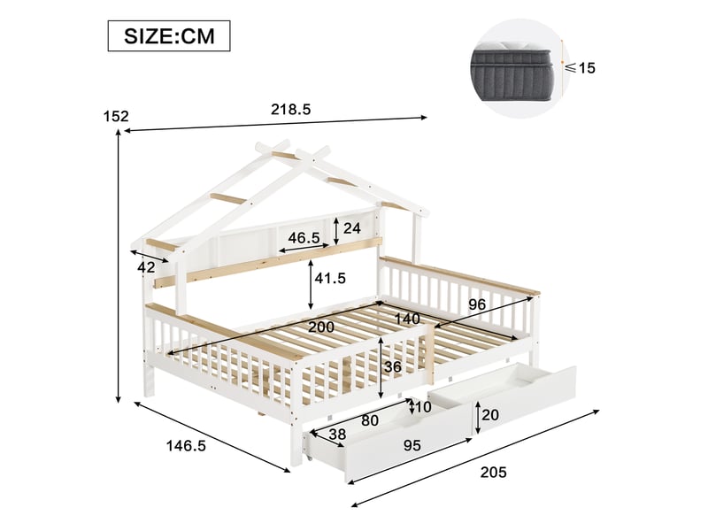  Lit cabane enfant 2 places 140 x 200 cm avec toit, garde-corps, étagère de 2 m et 2 tiroirs sur roulettes, pinmdf, blanc et effet bois naturel  - Conforama E