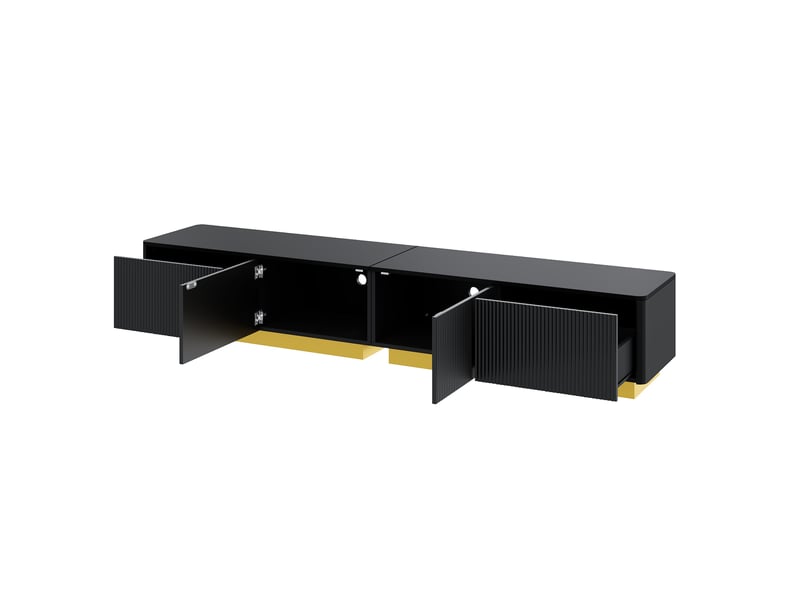  Meuble tv noir 200 cm à façade nervurée élégante, banc tv long 200cm avec tiroirs, portes et passe-câbles pour salon moderne.  - Conforama W