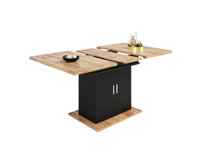  Table à manger rectangulaire extensible 110-140 x 70 cm avec rangement 3 niveaux, façade ondulée, étagères réglables, naturel et noir, moderne  - Conforama A
