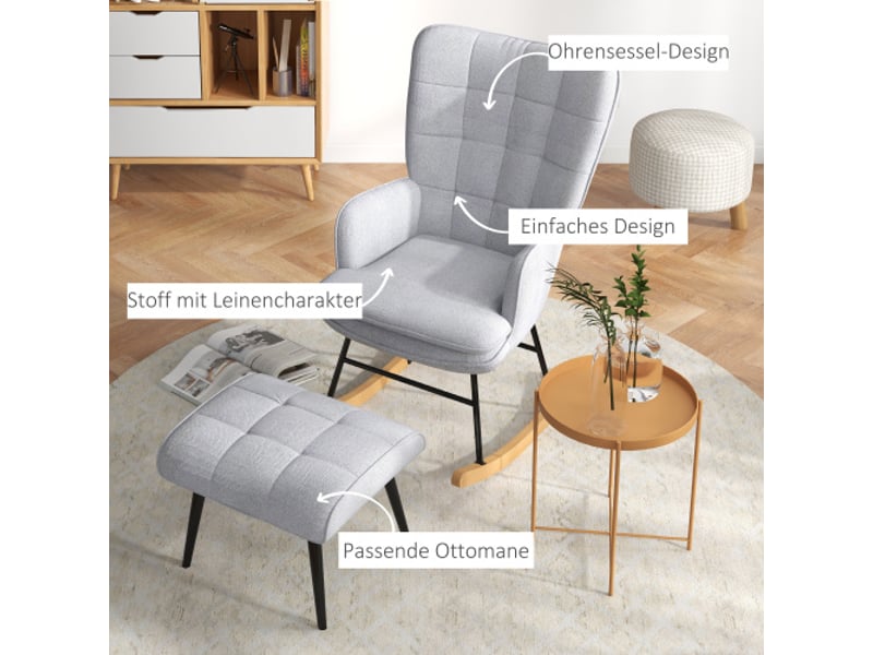  Fauteuil à bascule gris clair avec repose-pieds, accoudoirs, aspect lin, charge 130 kg  - Conforama D