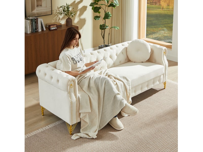  Canapé 2 +3 places en velours beige avec pieds en métal doré  - Conforama E