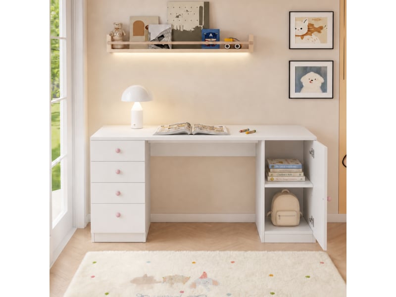 Bureau enfant 155 x 45 x 74 cm avec 4 tiroirs,étagère et rangements,poignées en céramique rose,blanc Bliss Lite - Conforama B