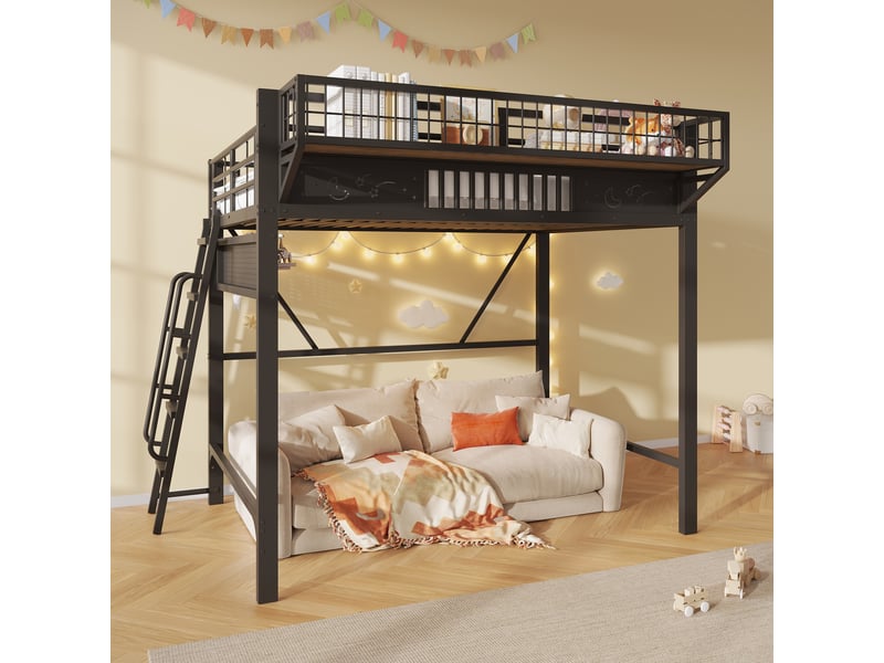 Lit mezzanine 140x200 cm, rangements, espace inférieur ouvert, structure métal, noir OMNIGLINT TRADING LTD - Conforama B