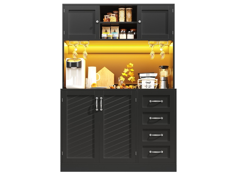  Buffet armoire de rangement 120x40x188cm avec éclairage led, étagère à collations, porte-gobelets, 4 portes et 2 tiroirs, noir  - Conforama E