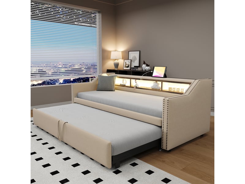  Sofa-lit capitonné 90180 x 190 cm, led et usb, coffre de rangement, sommier à lattes, coloris beige confort  - Conforama D