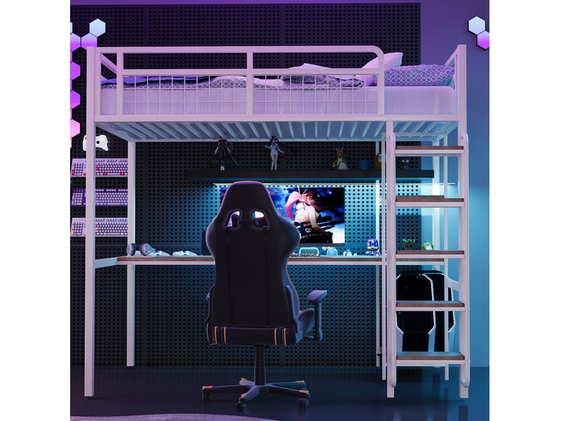 Lit mezzanine en métal 90x200 cm avec bureau intégré, garde-corps et échelle à marches, blanc sans matelas  - Conforama D