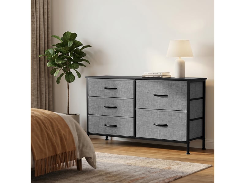  Commode en tissu à 5 tiroirs, commode de chambre, structure en acier, commode pour salon ou bureau, gris foncé et noir  - Conforama C