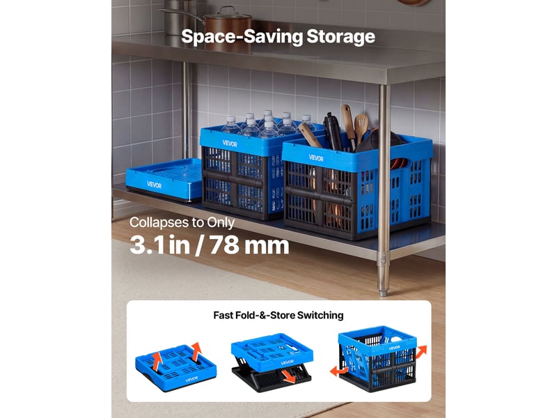  Vevor caisse plastique pliable 25 l lot de 3, cagette pliable avec poignees, charge max. 10 kg par caisse, bac de rangement empilable pour maison, camping, voiture et courses, en pp, bleu et noir  - Conforama D