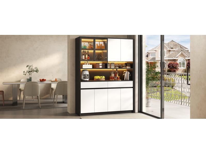  Buffet haut 160x120x38 cm, meuble rangement cuisine avec 2 tiroirs, 2 portes verre et 4 portes massif  - Conforama R