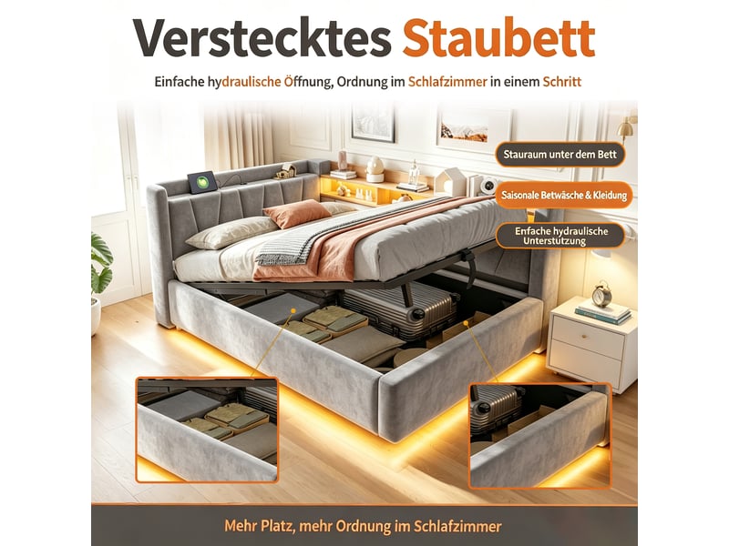  Canapé-lit 140x200 cm, lit enfant et ado, lit banquette velours avec coffre hydraulique, led, usb, dossier avec rangements, accoudoir, gris moderne  - Conforama E