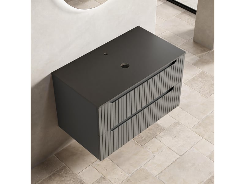 Meuble sous vasque suspendu avec 2 tiroirs et plateau en pierre frittée pour salle de bain gris foncé 80 × 46 × 49,2 cm - Conforama B