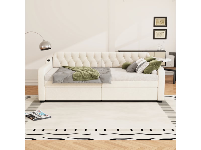  Lit banquette beige 90x200 cm avec lit gigogne et prise usb  - Conforama B