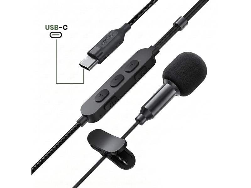  Micro cravate avec écouteurs usb-c monitoring vocal et bluetooth 5.4 acefast noir L12 - Conforama C