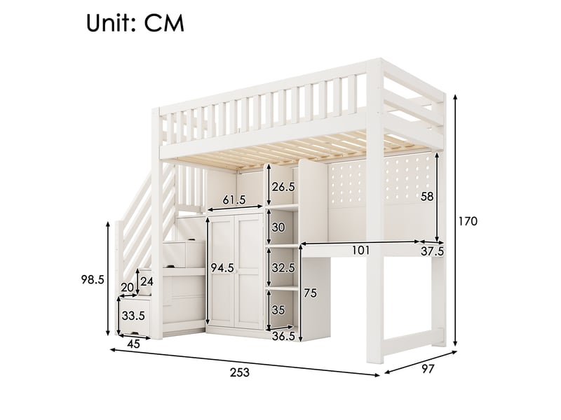 Lit mezzanine enfant 90x200 cm avec bureau armoire escalier de rangement étagères prises usb usb-c sommier pin mdf blanc evarich - Conforama C