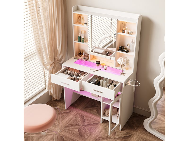  Coiffeuse maquillage - 89,8 x 40 x 145 cm - blanc - table de maquillage avec plateau en verre, miroir led, tiroirs et étagères de rangement  - Conforama D