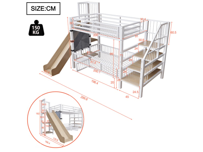  Lit superposé enfant 90x200 cm avec toboggan et rangements blanc  - Conforama C
