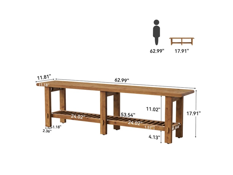  Banc en bois massif, banc de bout de lit de 160 cm style maison de campagne avec étagère, banc pour chambre, salon, entrée et couloir, brun rustique  - Conforama C