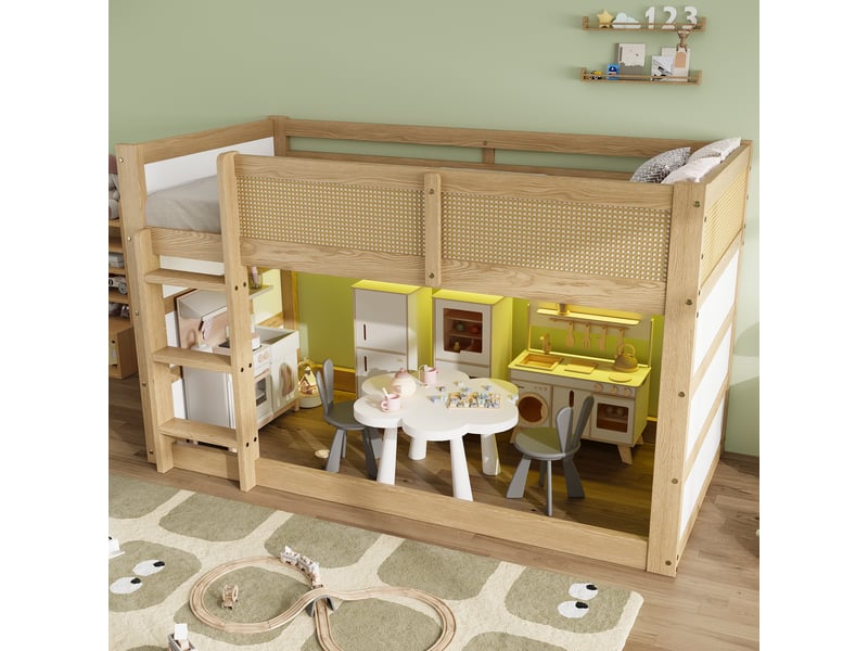Lit mezzanine enfant,90x200 cm,avec led,bois et mdf,naturel et blanc - Conforama B